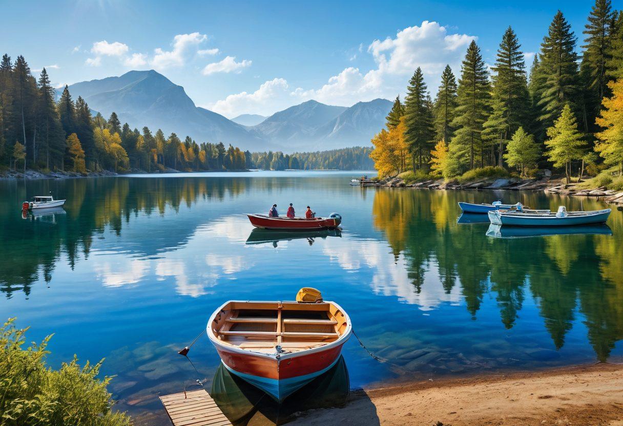 A serene lake scene with a variety of boats floating, showcasing diverse styles and sizes. Include a friendly insurance agent discussing options with a happy boat owner, surrounded by charts and documents. Add a bright blue sky and sun reflecting on the water, symbolizing optimism and guidance. Emphasize warmth and approachability in the colors and characters. super-realistic. vibrant colors. natural setting.