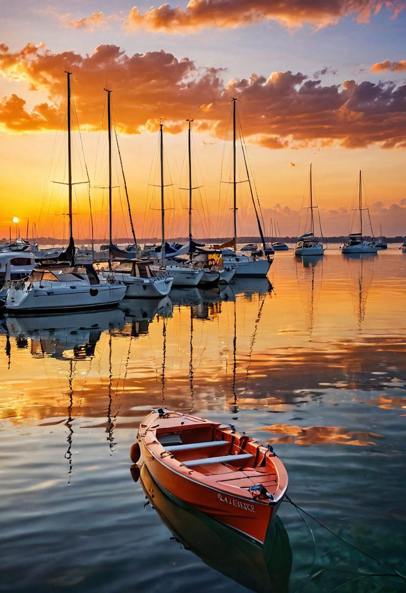 A serene marine landscape featuring various watercraft - sailboats, kayaks, and luxury yachts gliding across tranquil waters. In the background, a sunset casts a warm glow, symbolizing protection and passion for the sea. Overlay icons symbolize safety, like an anchor and life jacket subtly integrated into the scene. The foreground includes an open insurance policy document, emphasizing the theme of marine insurance. vibrant colors. super-realistic. calm atmosphere.