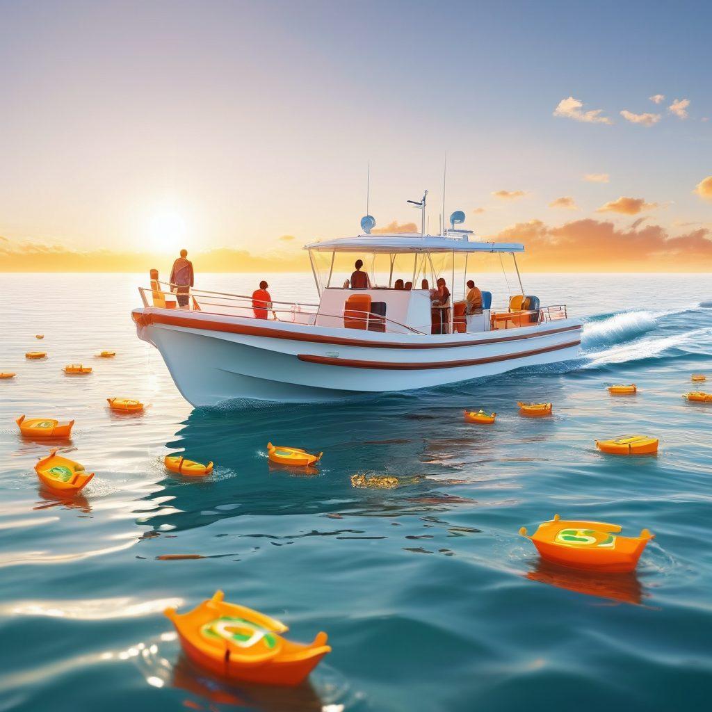 A vibrant scene depicting a recreational boat navigating through a calm sea, surrounded by floating dollar signs and discount tags. In the background, a diverse group of people is discussing insurance options, with a visible checklist of policy features in their hands. Include a bright sun setting on the horizon to convey optimism. 3D rendering. vibrant colors. white background.